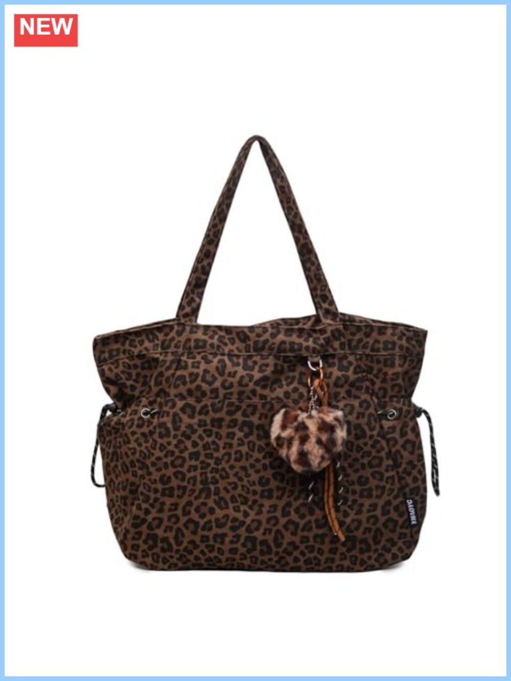 Leopard Cheetah Print Tote Bag with Zipper & Faux Fur Pom Pom Keychain